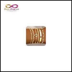 18k Gold Plated Bracelet Set, 6 Layered Bangle Cuff Chain Adjustable